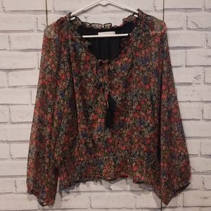 Lucky Brand Women's Size M Blouse Red Black Metallic Floral Elastic Tie Accent